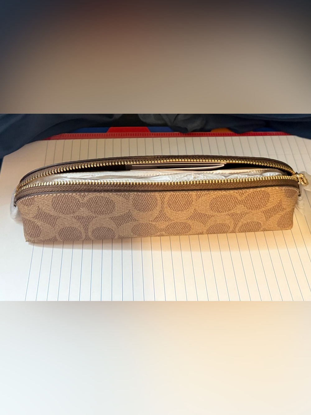 Coach Signature Tan Zip Pencil Pouch with Gold-Tone Zipper